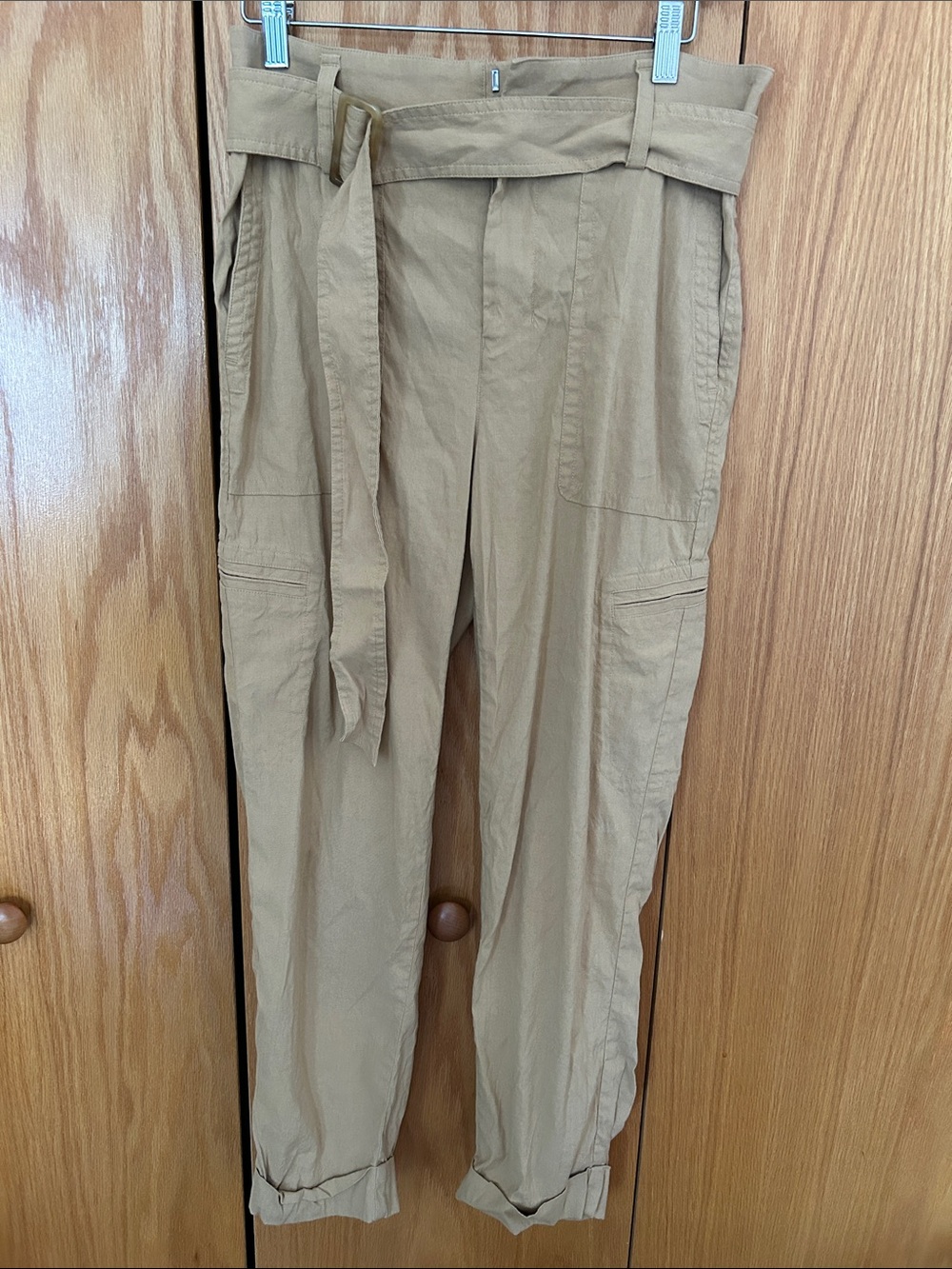 Vince linen blend Tan Cargo Paperbag-Waist Belted Pants size M